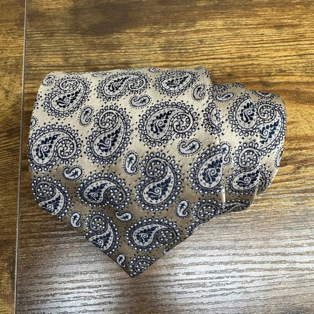 Christian Dior Cravates Mens Paisley Tie Tan Navy Blue Vintage Designer Necktie‎